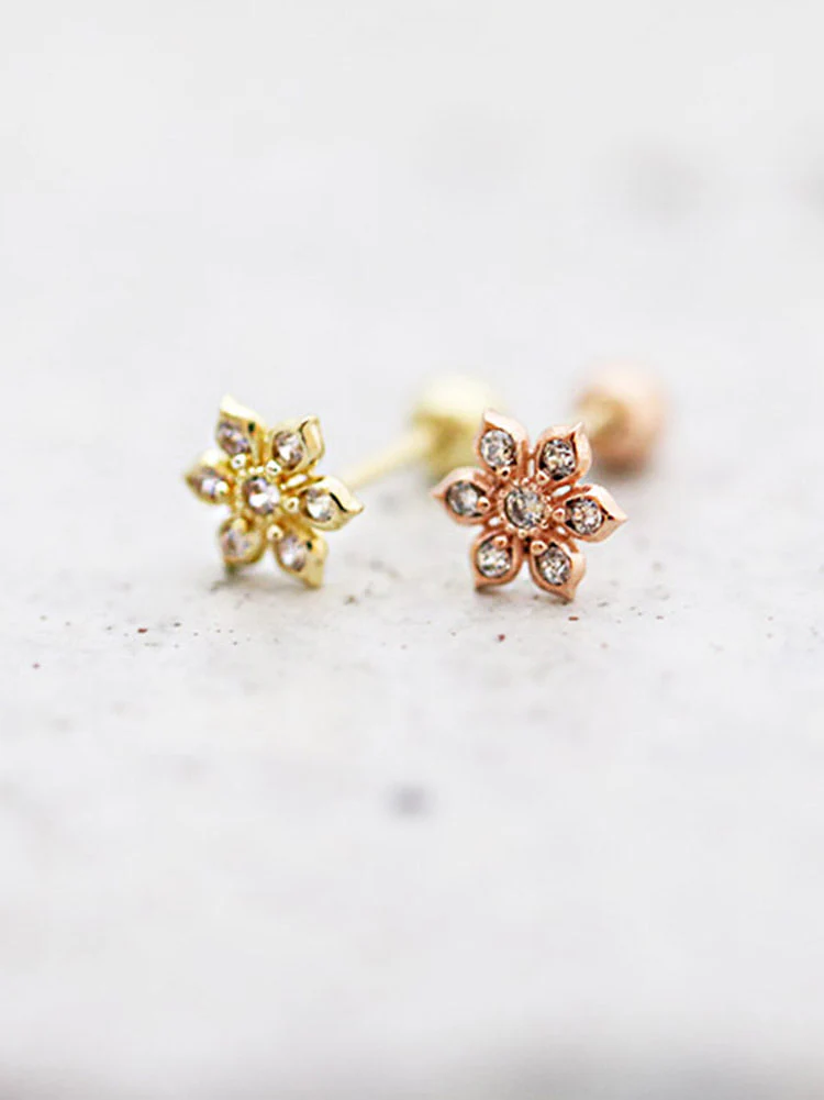 14K Gold Dainty CZ Flower Cartilage Earring 20G - Image 5