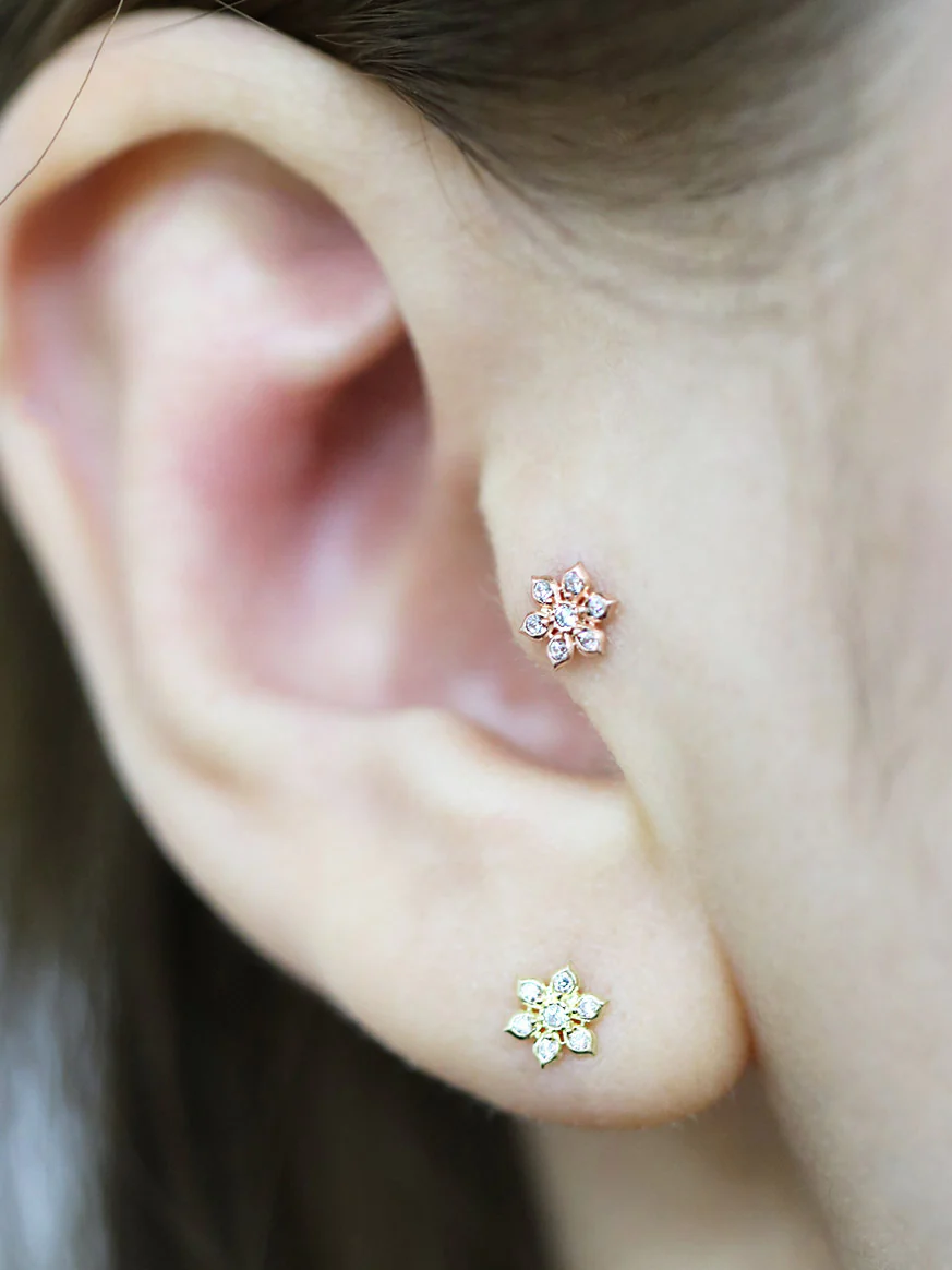 14K Gold Dainty CZ Flower Cartilage Earring 20G - Image 6