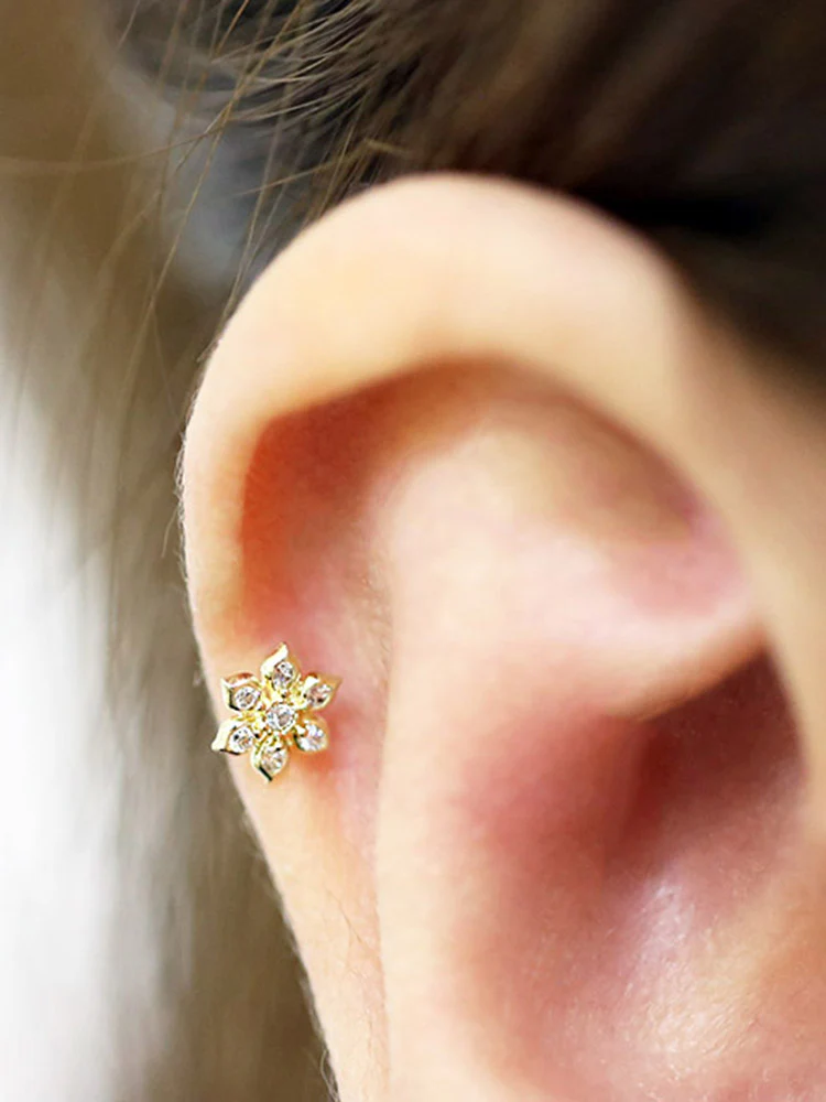 14K Gold Dainty CZ Flower Cartilage Earring 20G - Image 7
