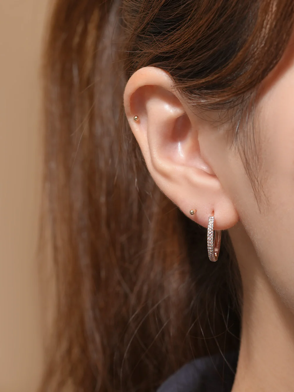 14K Gold 2 Line CZ Hoop Earring - Image 11