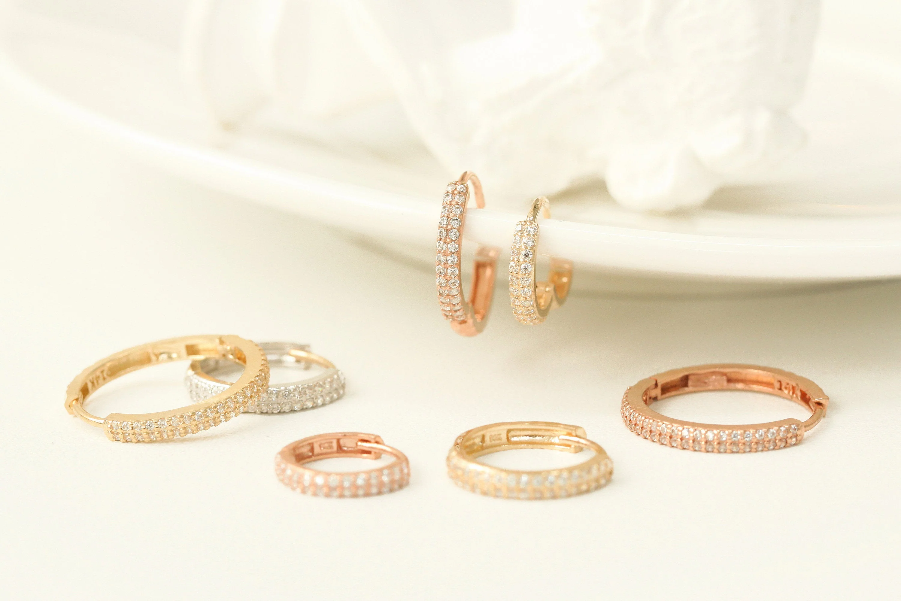 14K Gold 2 Line CZ Hoop Earring - Image 12