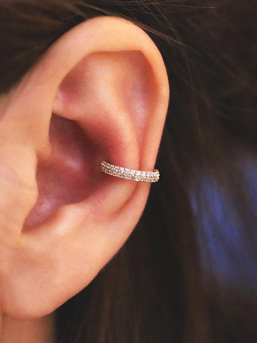 14K Gold 2 Line CZ Hoop Earring - Image 17