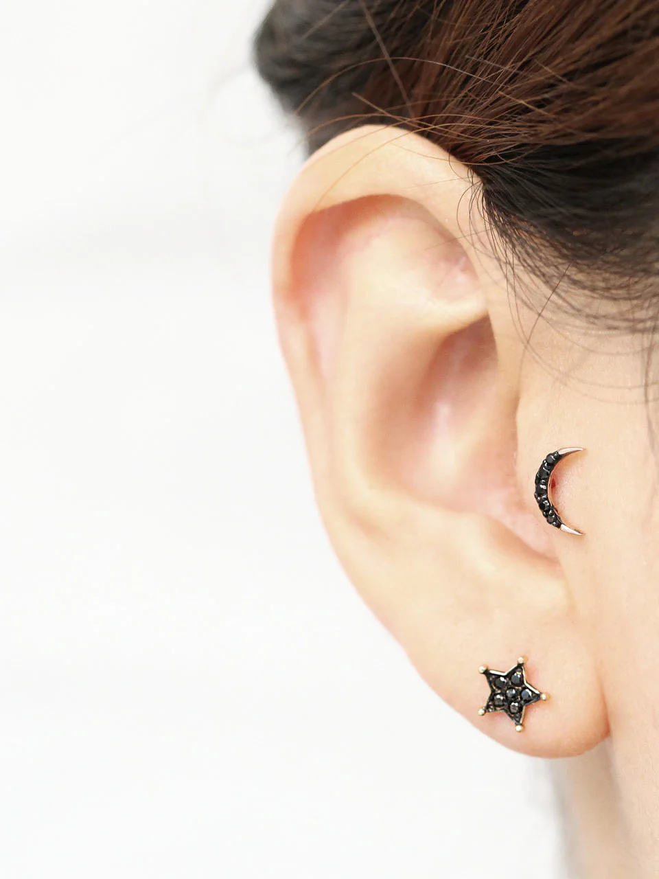 14K Gold Black Star Crescent Cartilage Earring 18G16G - Image 5