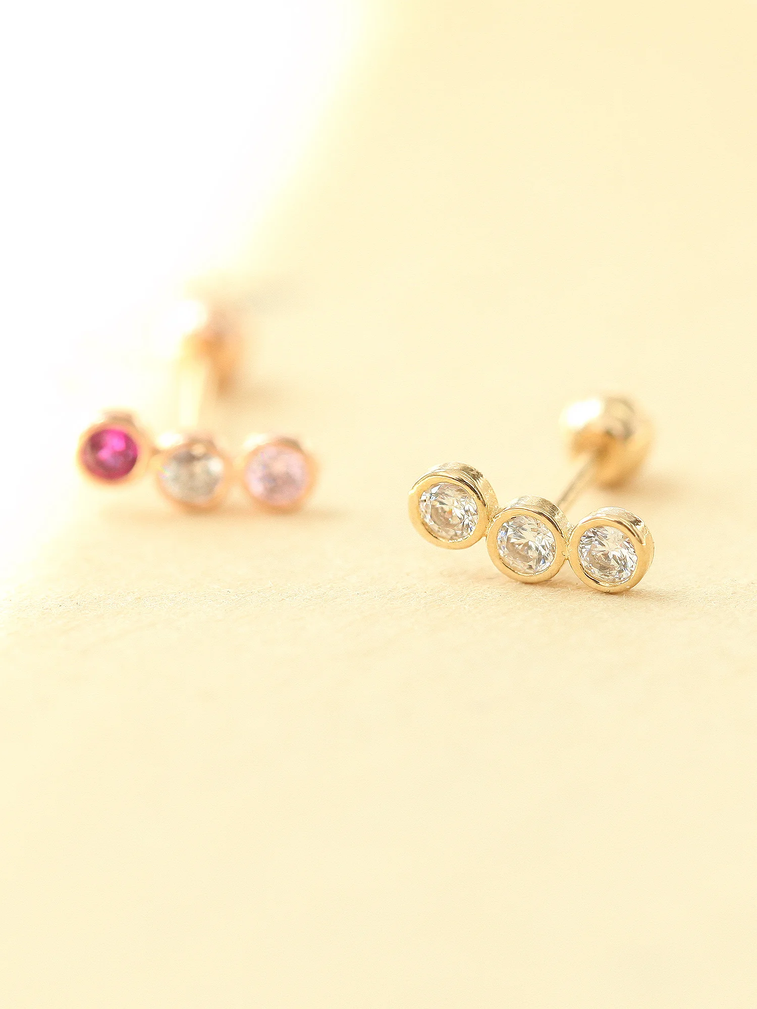 14K Gold Triple CZ Bar Cartilage Earring 20G - Image 3