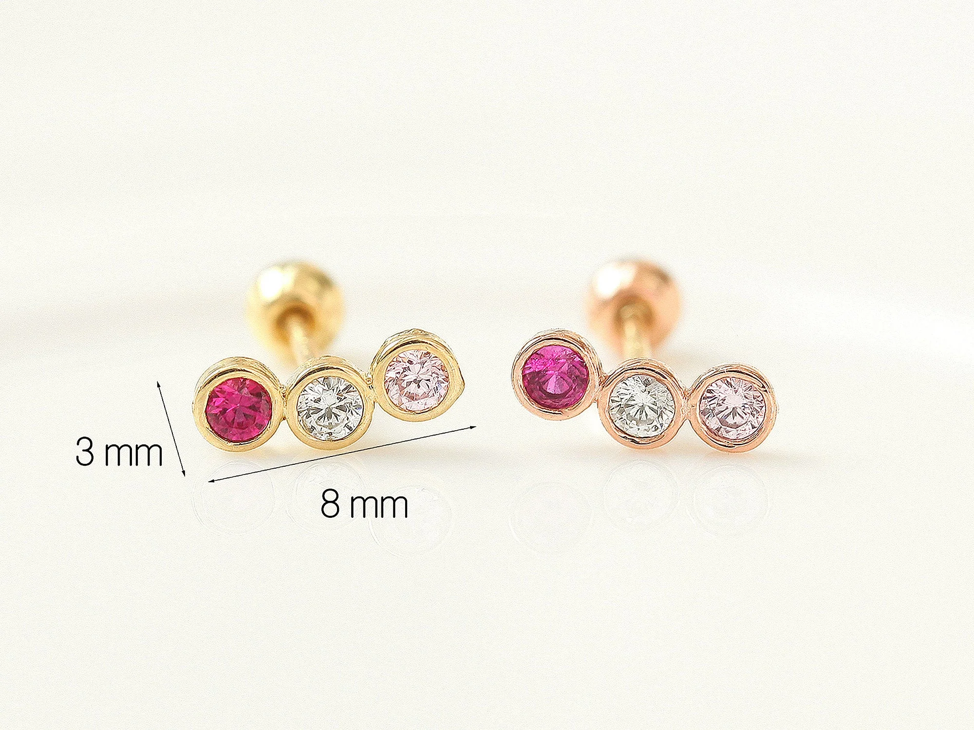 14K Gold Triple CZ Bar Cartilage Earring 20G - Image 8