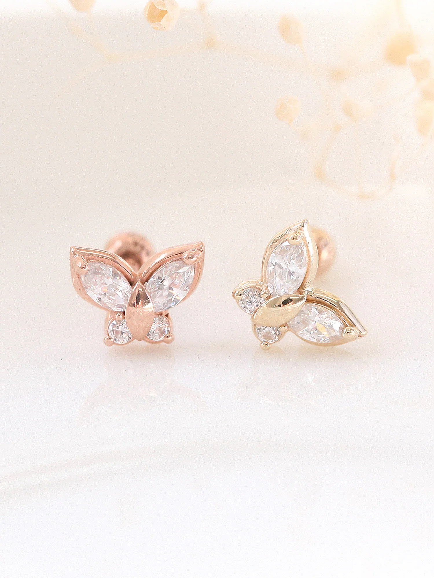 14K Gold CZ Butterfly Cartilage Earring 18g16g - Image 3