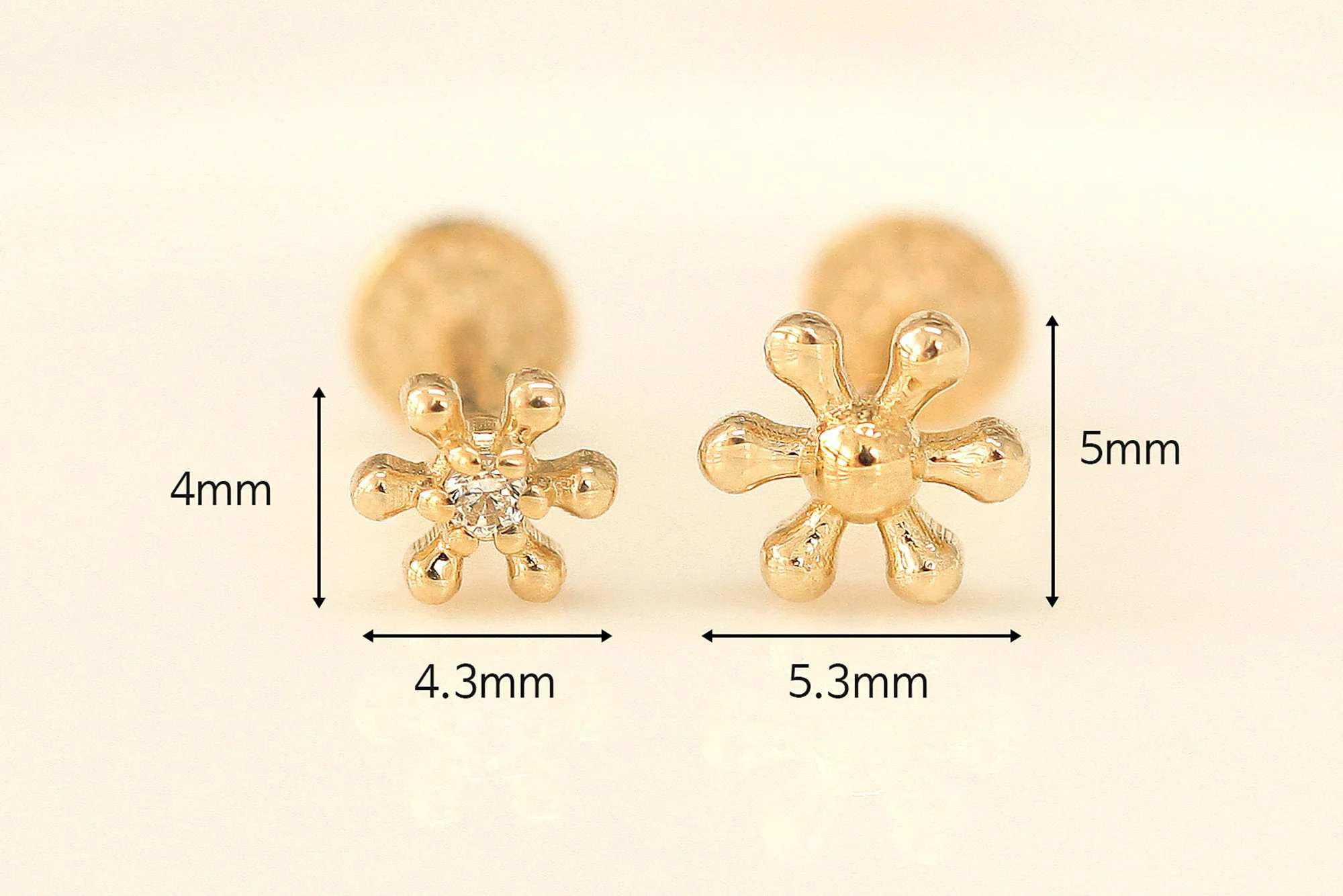 14K Gold Flower Ball Cubic Labret Piercing S,M 18G16G - Image 10