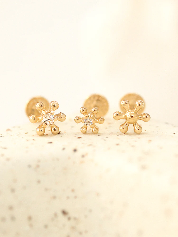 14K Gold Flower Ball Cubic Labret Piercing S,M 18G16G - Image 3