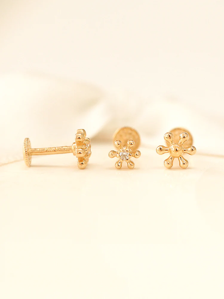 14K Gold Flower Ball Cubic Labret Piercing S,M 18G16G - Image 5