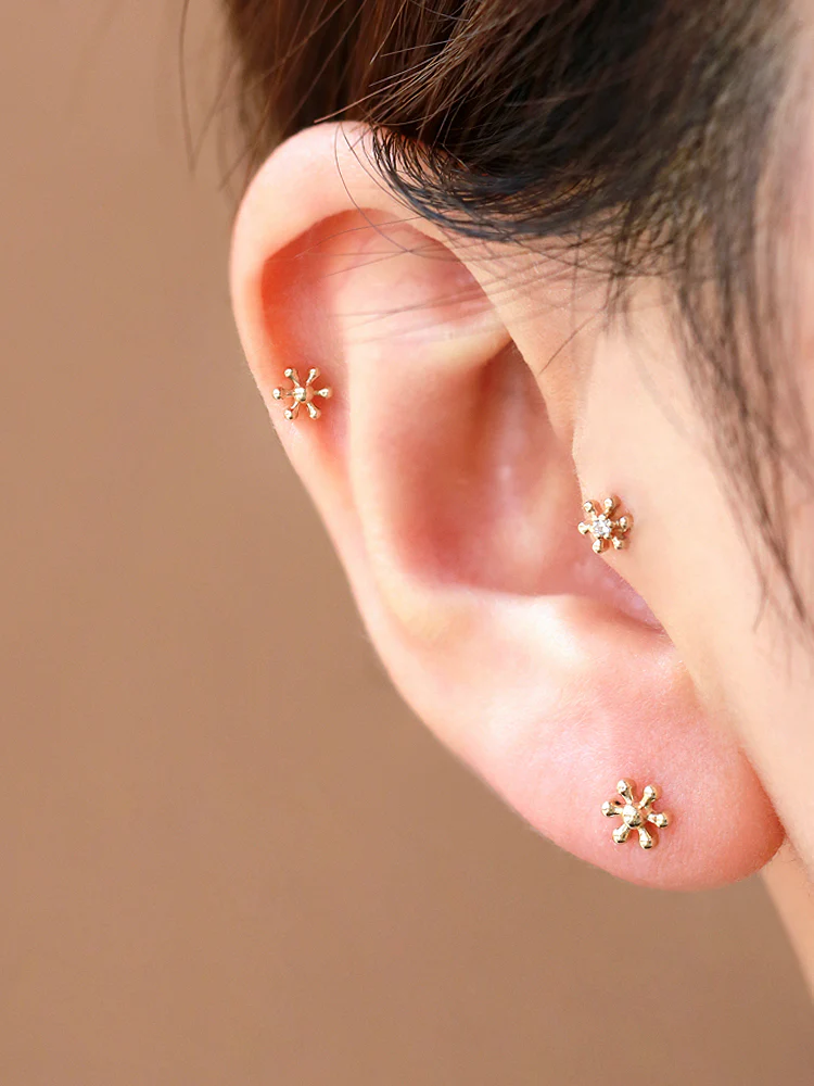 14K Gold Flower Ball Cubic Labret Piercing S,M 18G16G - Image 6