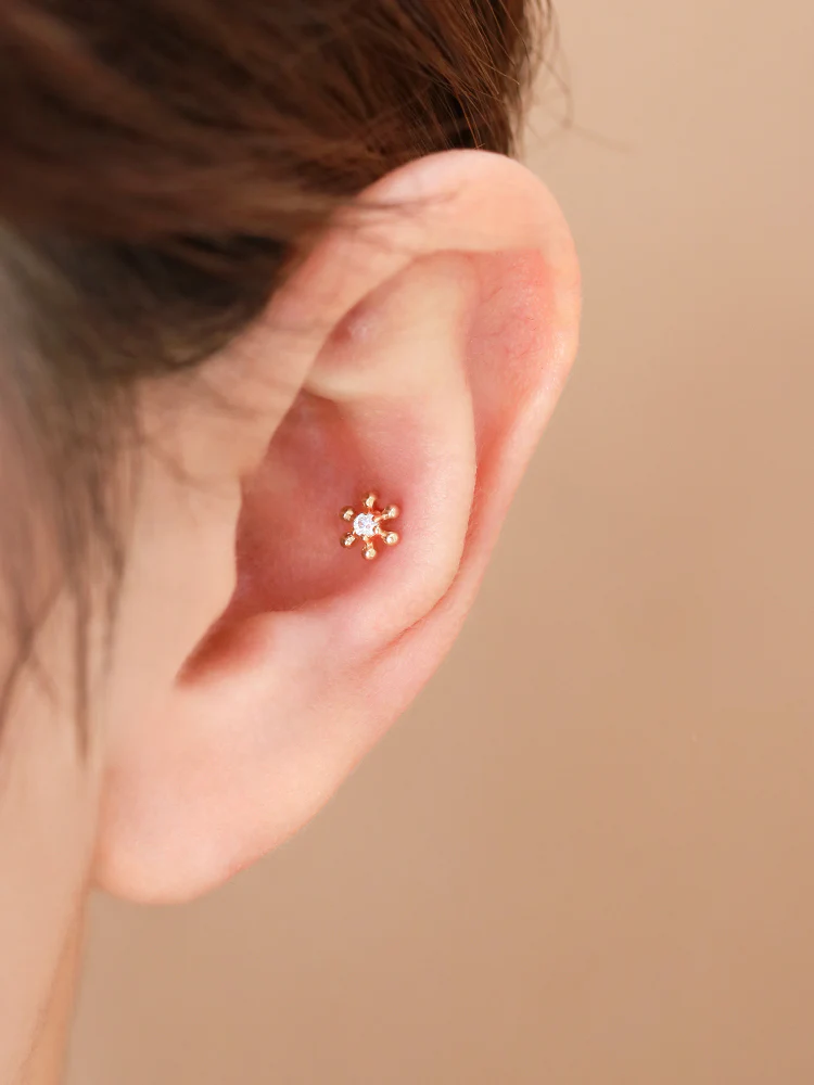 14K Gold Flower Ball Cubic Labret Piercing S,M 18G16G - Image 7