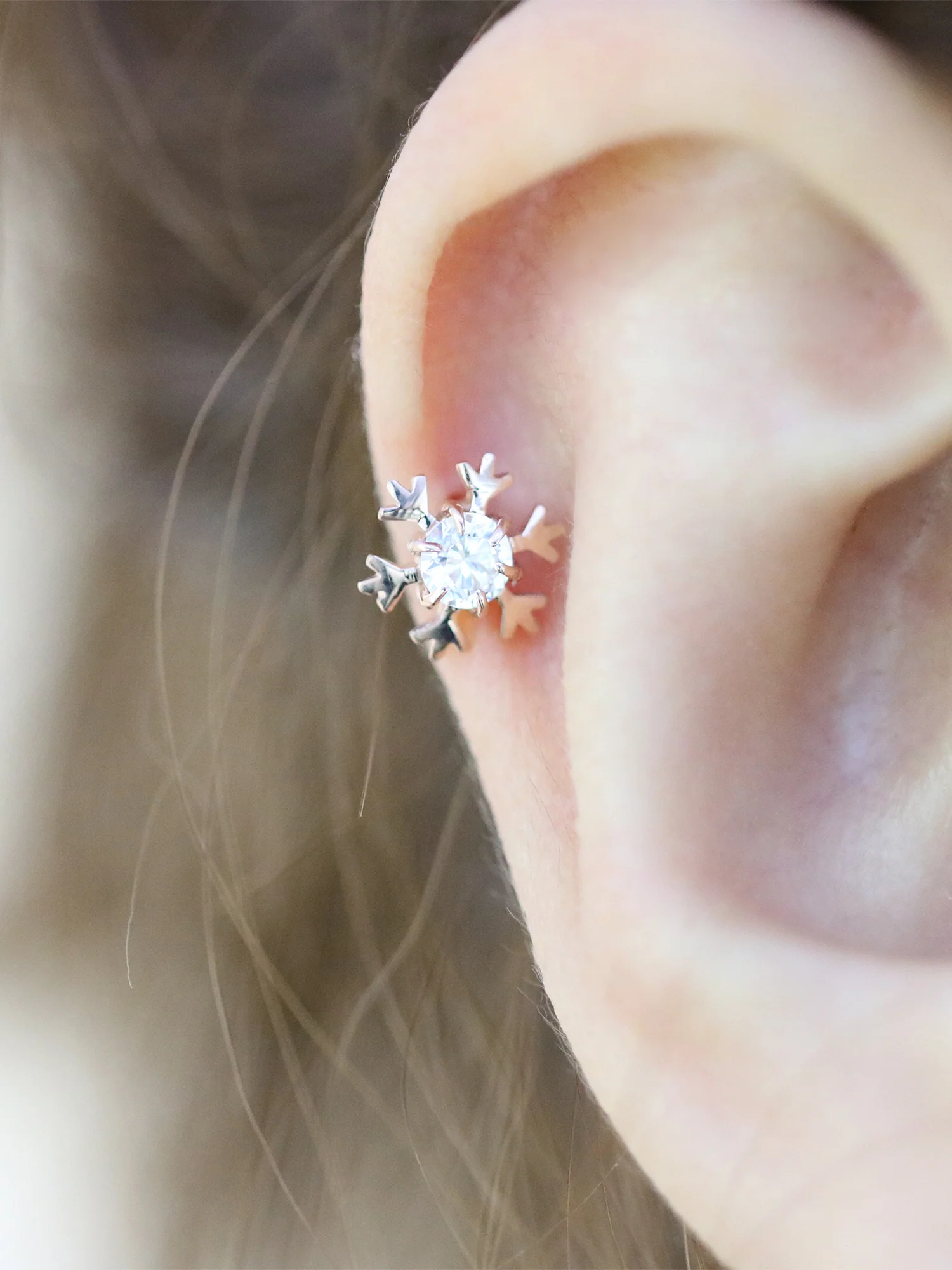 14K Gold Gemstone Snowflake Cartilage Earring 18G16G - Image 7