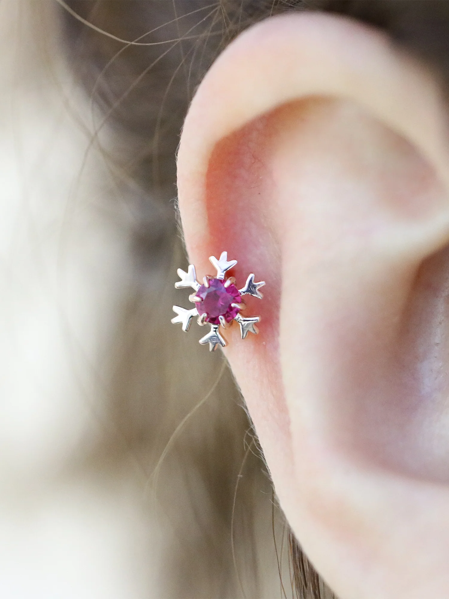 14K Gold Gemstone Snowflake Cartilage Earring 18G16G - Image 8