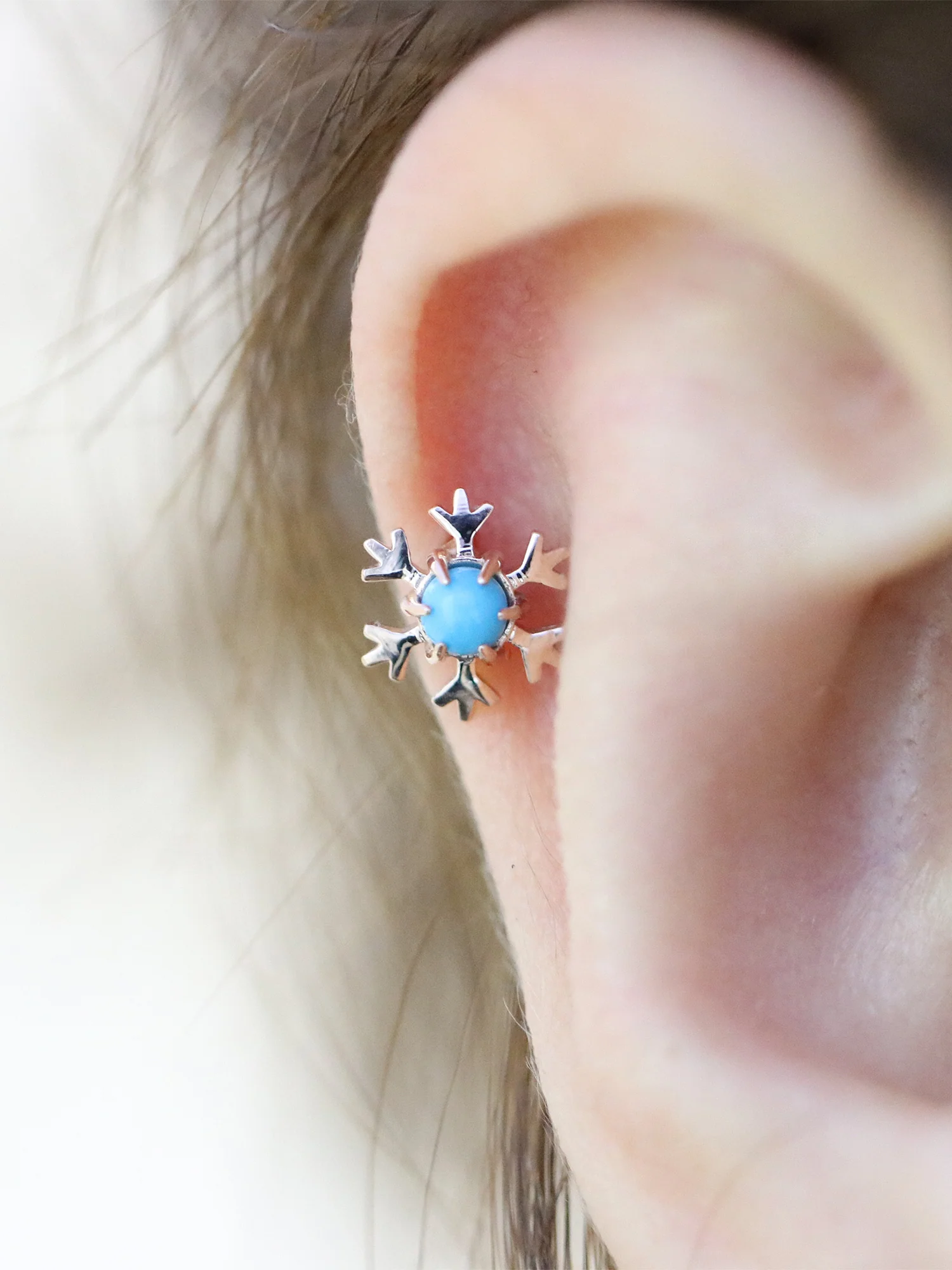 14K Gold Gemstone Snowflake Cartilage Earring 18G16G - Image 9