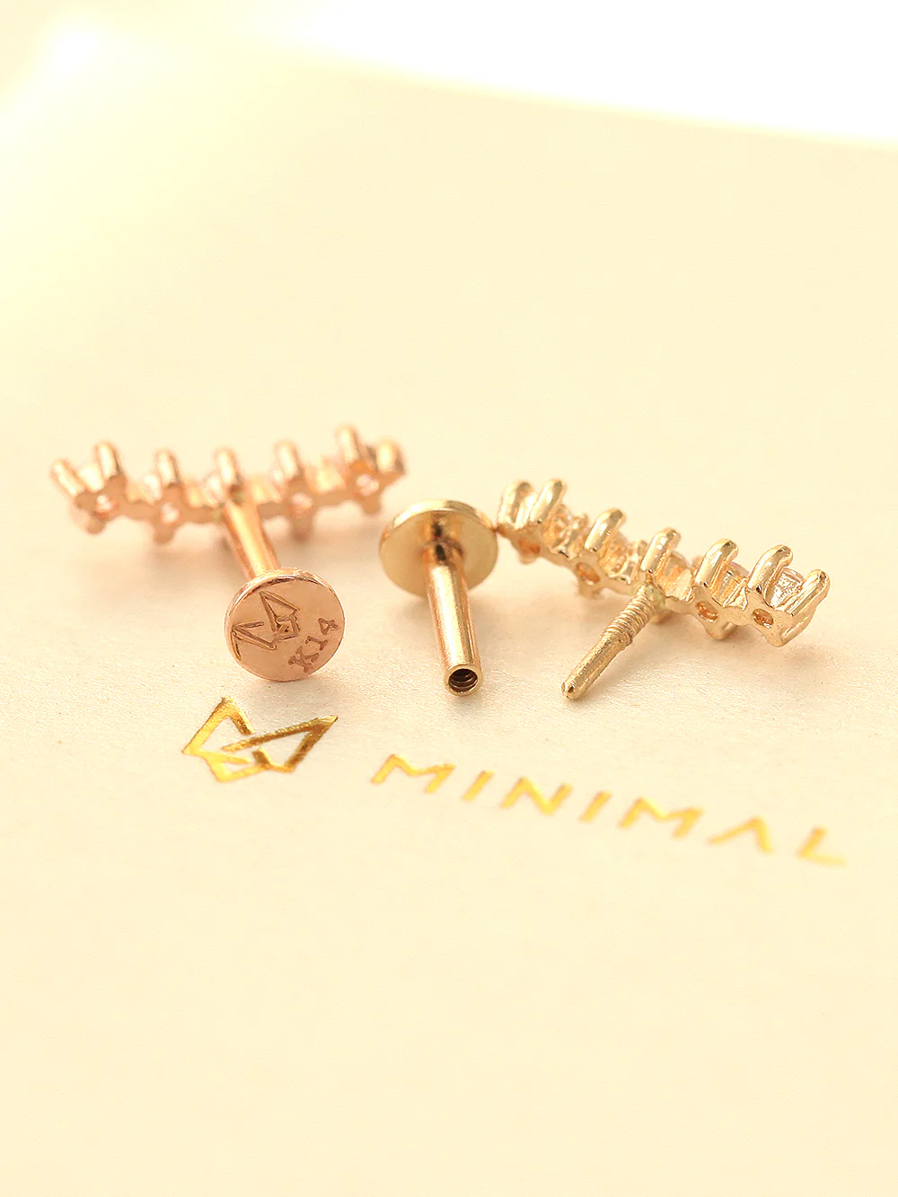 14K Gold Internally Threaded Curve Cubic Bar Labret Piercing 18G16G - Image 5