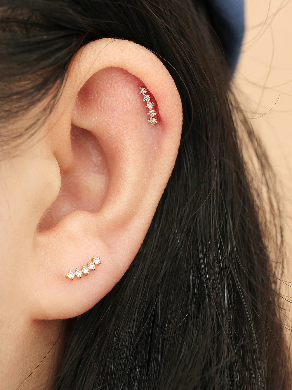 14K Gold Internally Threaded Curve Cubic Bar Labret Piercing 18G16G - Image 6