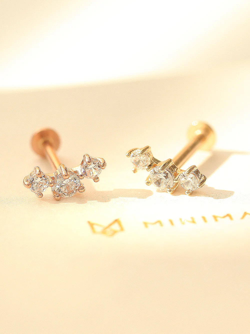 14K Gold Internally Threaded Triple Cubic Labret piercing 18G16G - Image 3