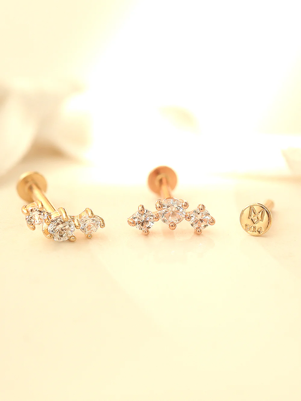 14K Gold Internally Threaded Triple Cubic Labret piercing 18G16G - Image 5