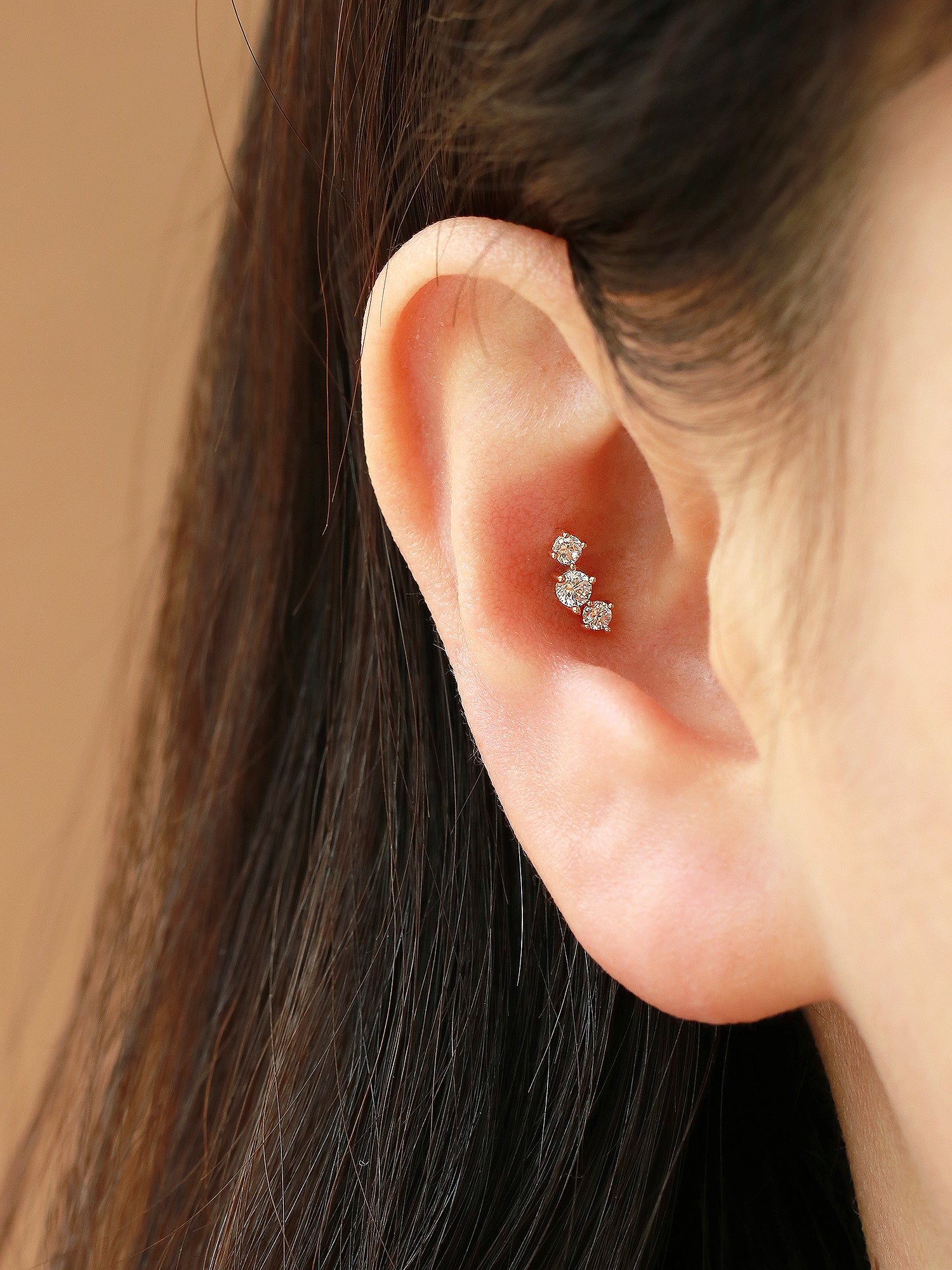 14K Gold Internally Threaded Triple Cubic Labret piercing 18G16G - Image 7