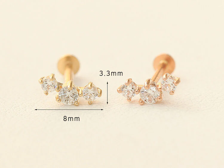 14K Gold Internally Threaded Triple Cubic Labret piercing 18G16G - Image 9