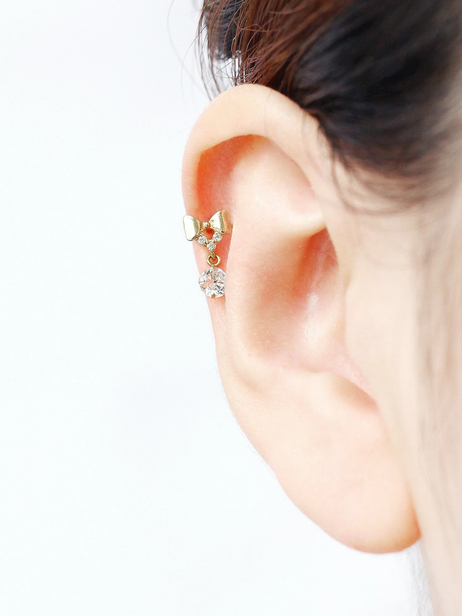 14K Gold Ribbon CZ drop cartilage earring 20g - Image 4