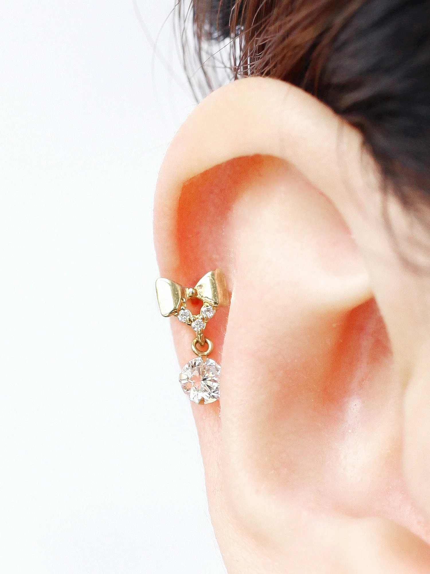 14K Gold Ribbon CZ drop cartilage earring 20g - Image 5