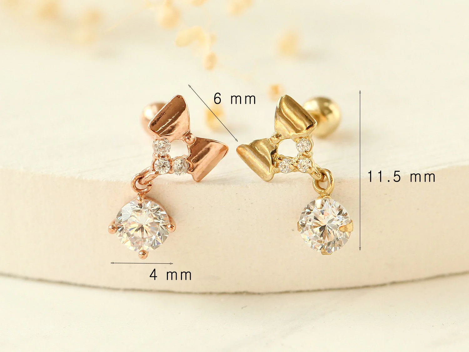 14K Gold Ribbon CZ drop cartilage earring 20g - Image 9