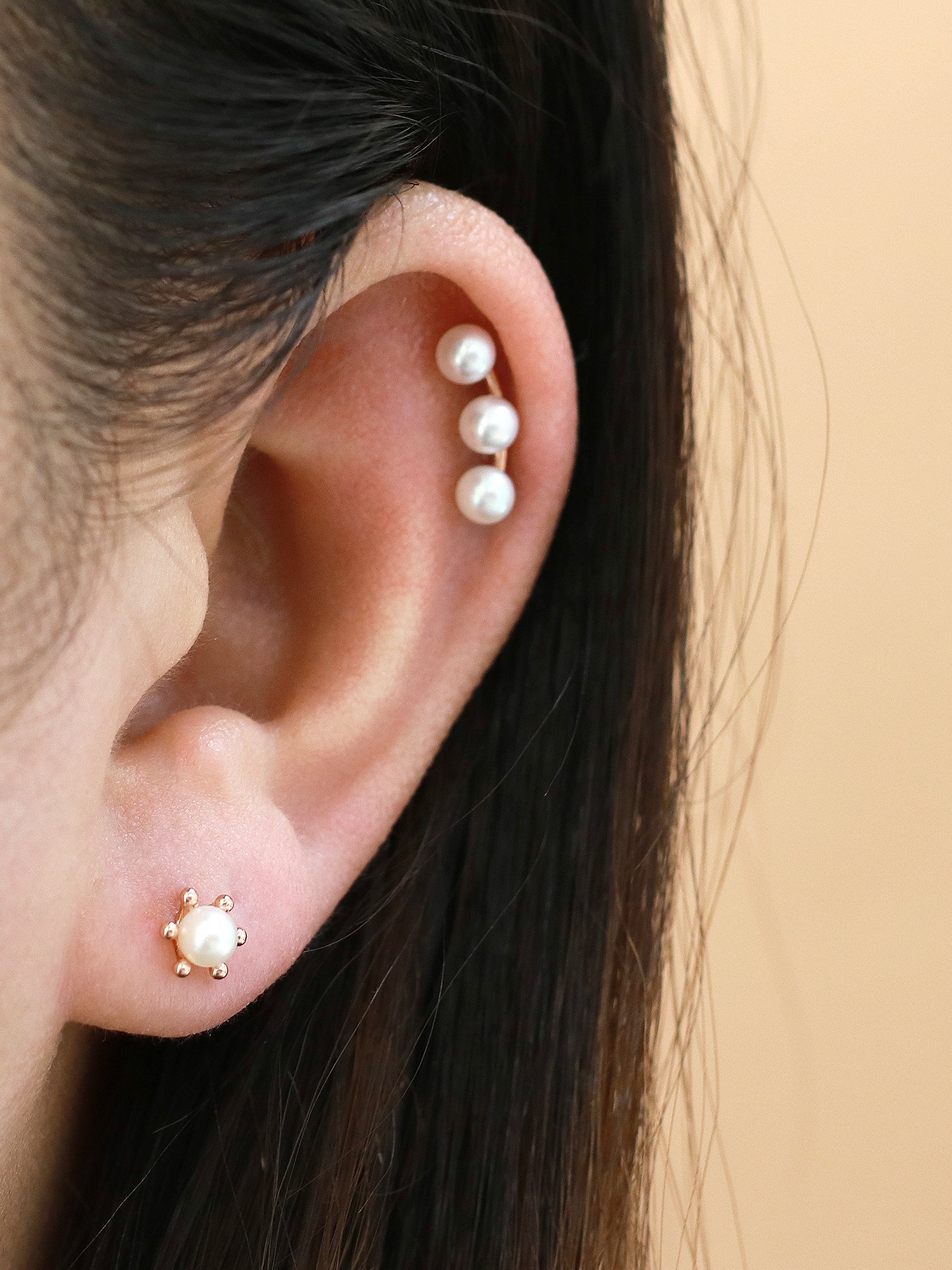 14K Gold Triple Flower Pearl Cartilage Earring 18G16G - Image 15