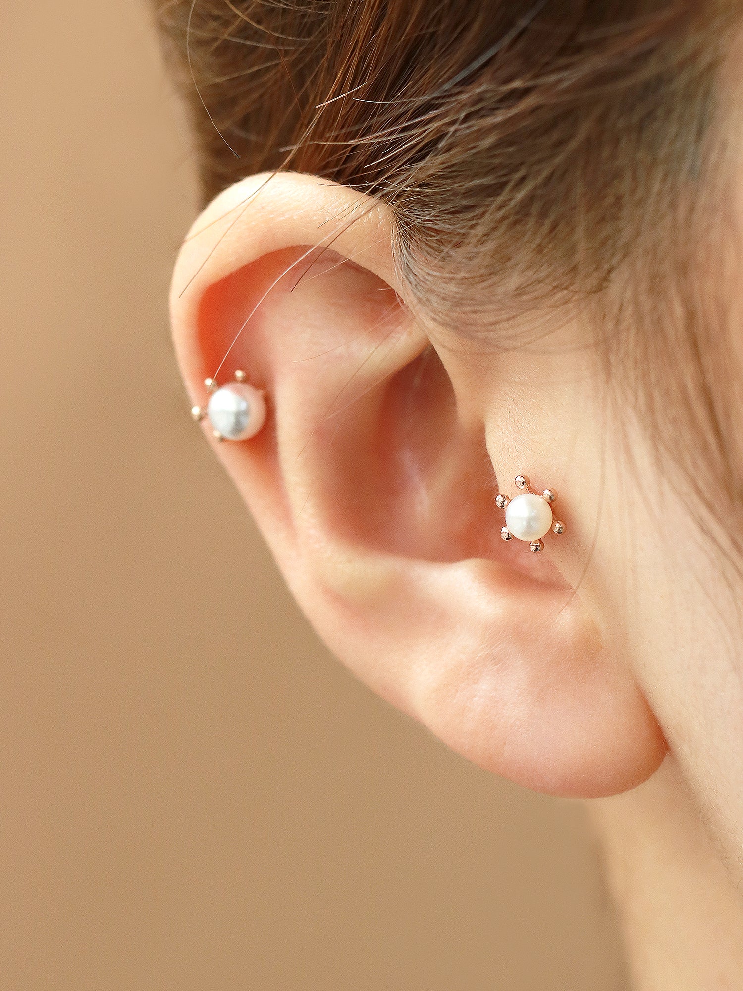 14K Gold Triple Flower Pearl Cartilage Earring 18G16G - Image 19