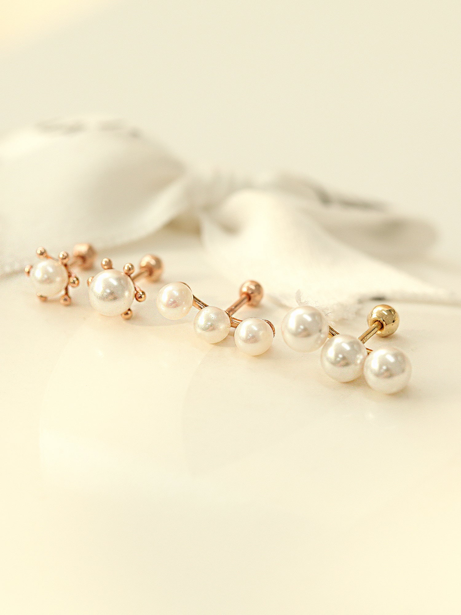 14K Gold Triple Flower Pearl Cartilage Earring 18G16G - Image 4