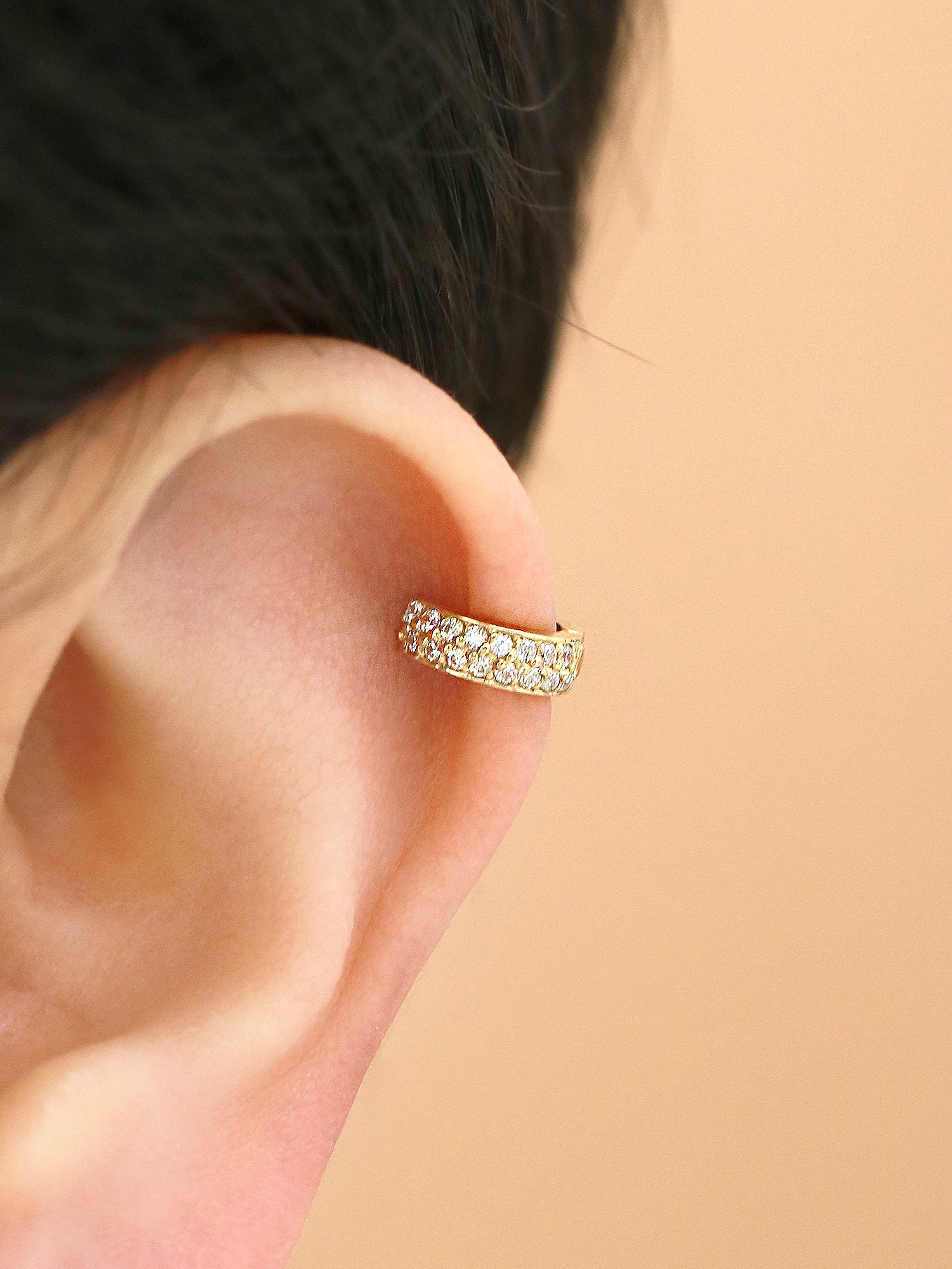 14K Gold Two line mini CZ hoop cartilage earring - Image 3