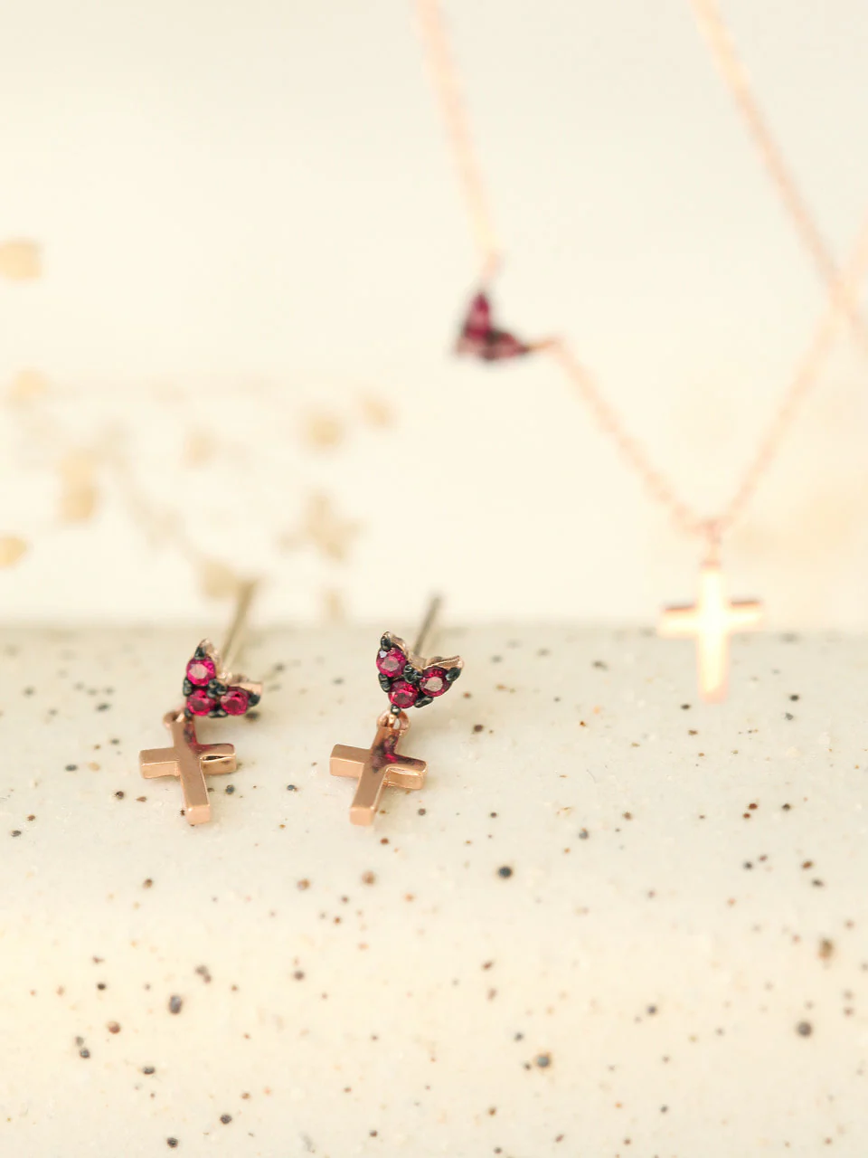 14K Gold Heart Cross Drop Earring - Image 4