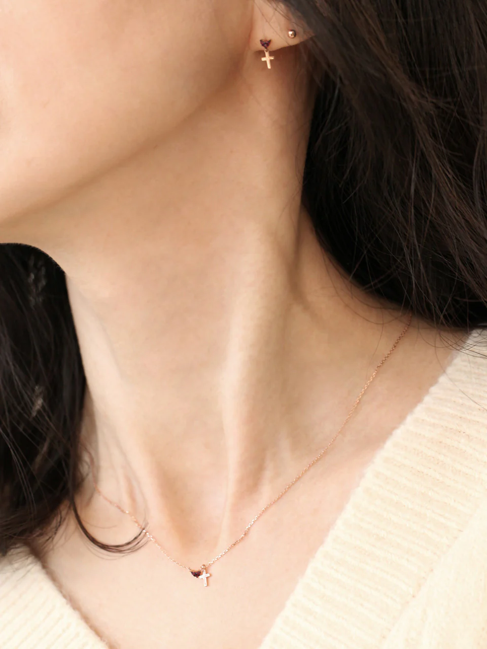 14K Gold Heart Cross Drop Earring - Image 8