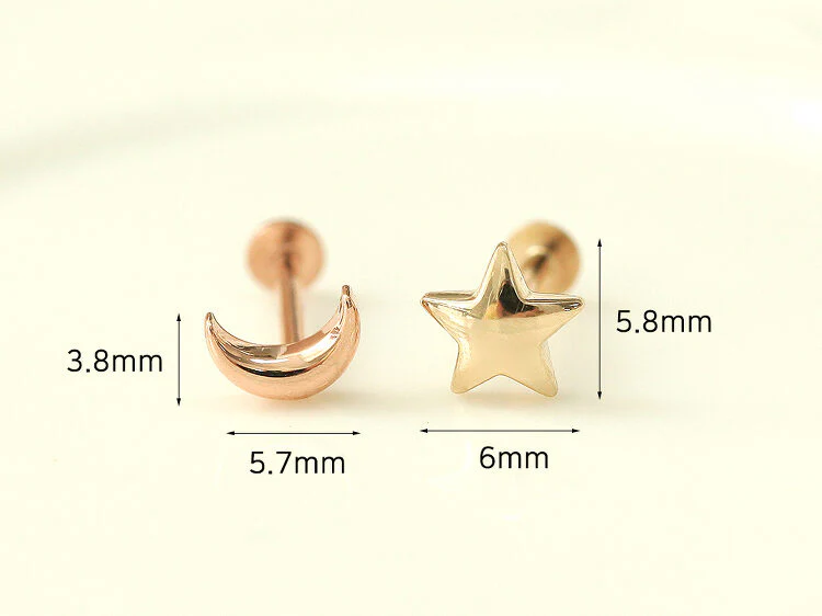 14K Gold Internally Threaded Volume Moon & Star Labret Piercing 18G16G - Image 8