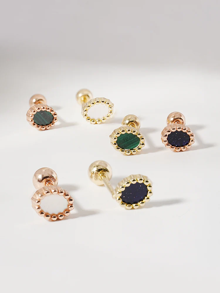 14K Solid Gold Classic Oval Stone Cartilage Earring 20G - Image 3