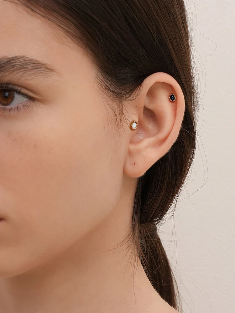 14K Solid Gold Classic Oval Stone Cartilage Earring 20G - Image 4