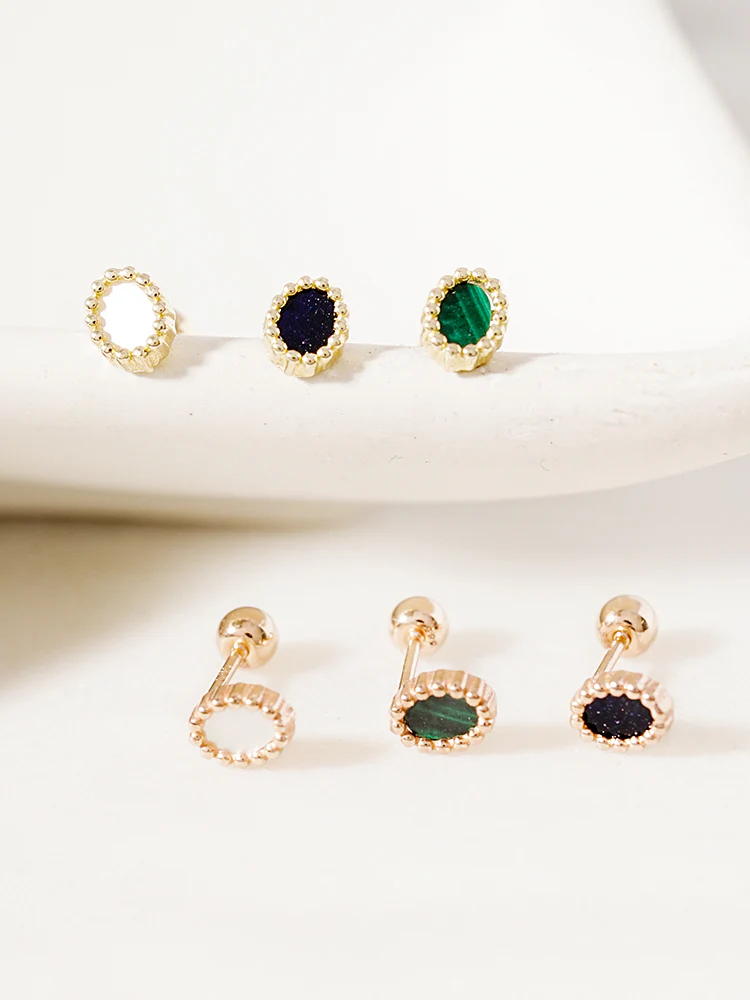 14K Solid Gold Classic Oval Stone Cartilage Earring 20G - Image 7