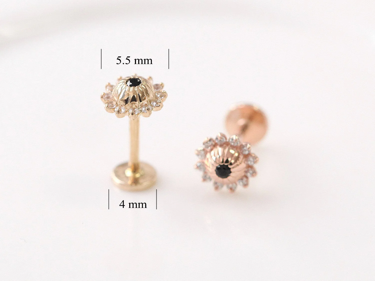 14K Gold Sun Flower Labret Piercing 18G - Image 9