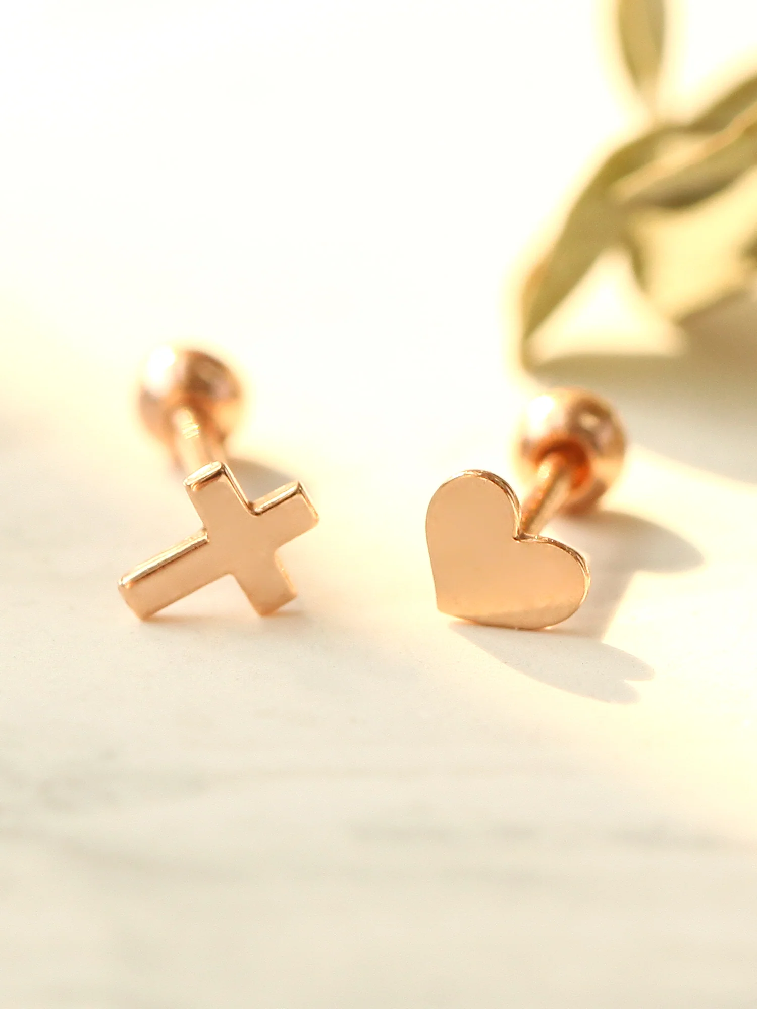14K Gold Dainty Heart & Cross Cartilage Earring 18g16g - Image 3