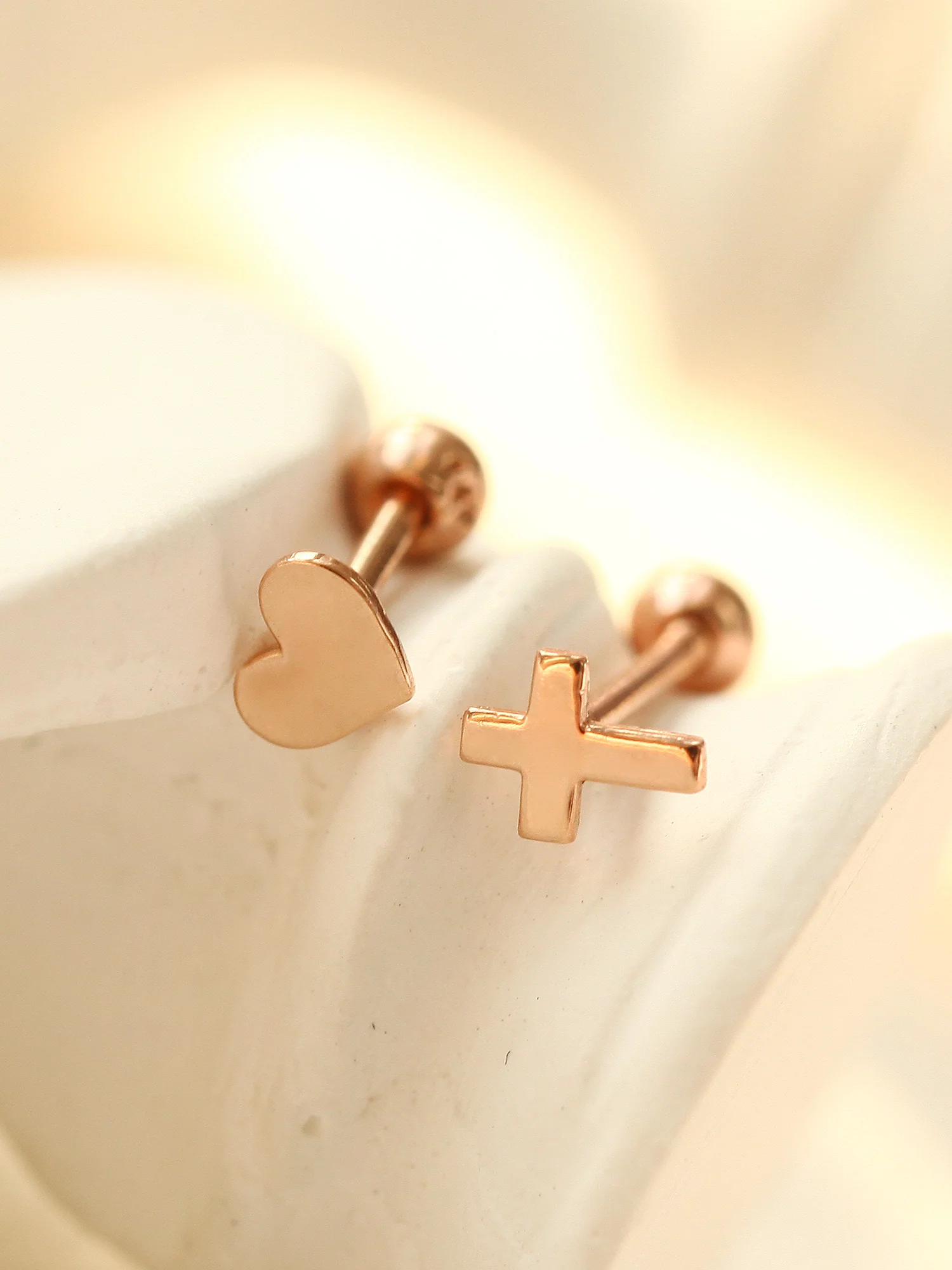 14K Gold Dainty Heart & Cross Cartilage Earring 18g16g - Image 4