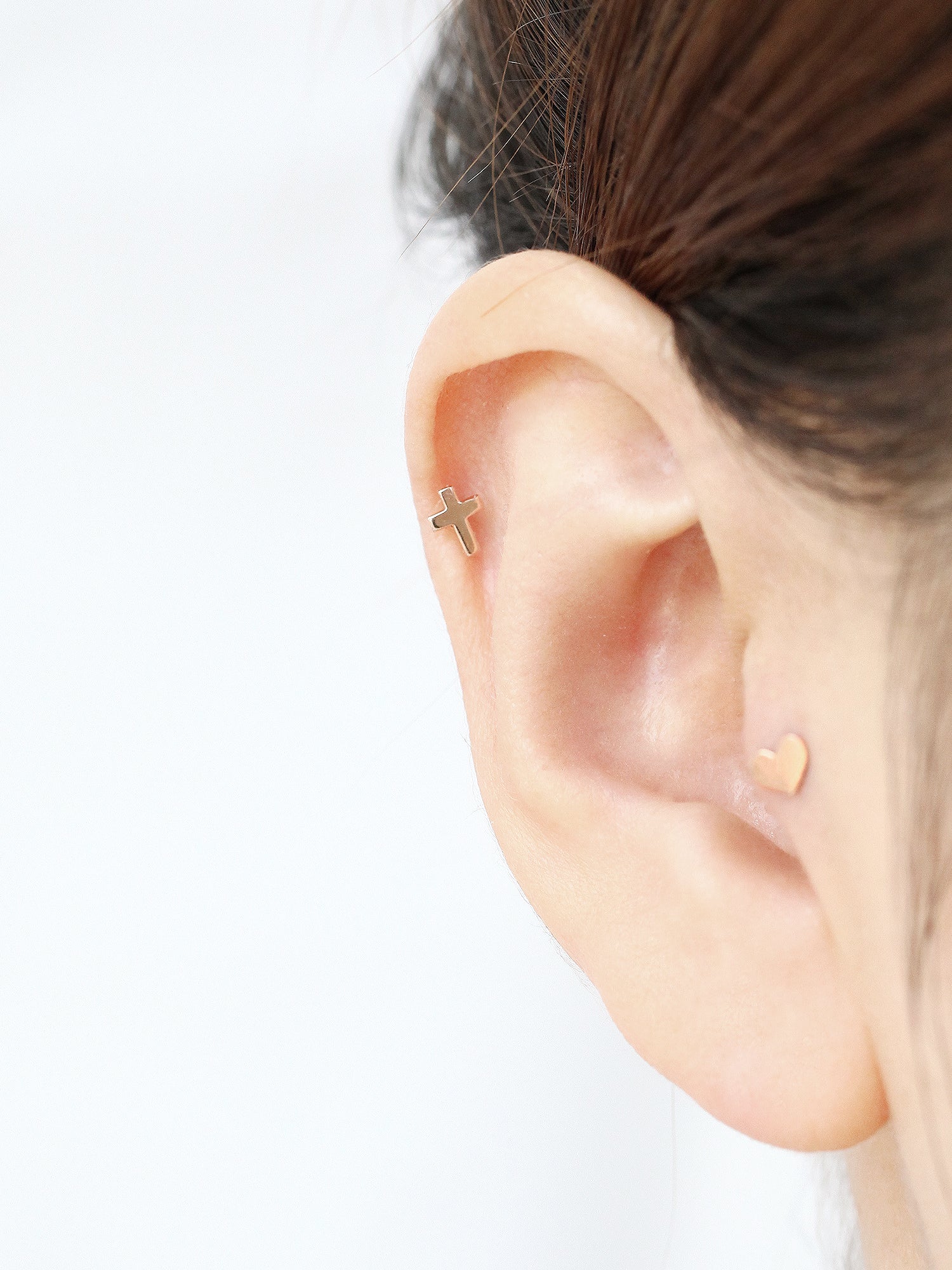 14K Gold Dainty Heart & Cross Cartilage Earring 18g16g - Image 8